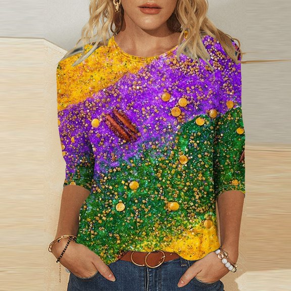 xixinqiwan Mardi Gras Shirt for Women,Carnival Mask Print Crew Neck Tops Fat Tuesday Carnival Celebration Party Gift