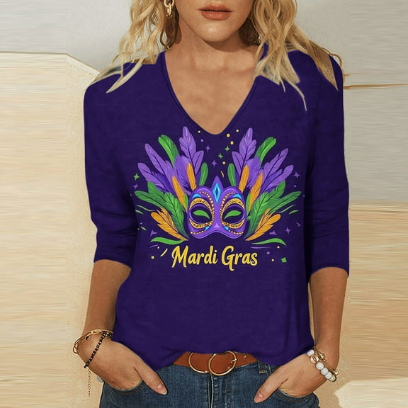 xixinqiwan Mardi Gras Tops for Women,Women Carnival Party Tshirt Mardi Gras Mask Crazy Party Tee Causal Long Sleeve Tee Tops