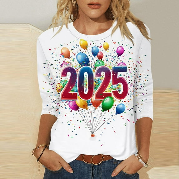 xixinqiwan New Years Eve Clothing Women Tops,3/4 Sleeve Round-Neck Blouse Merry Christmas Colored T-Shirt Funny Xmas Holiday Tee Tops