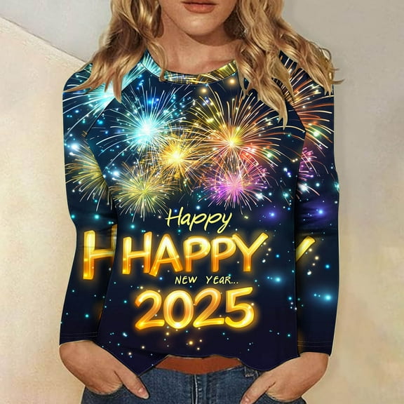 xixinqiwan New Years Eve Clothing Women Tops,Women's Casual New Year 2025 Printed Long Sleeve Round Neck Button Loose Hem Side Slit Tops