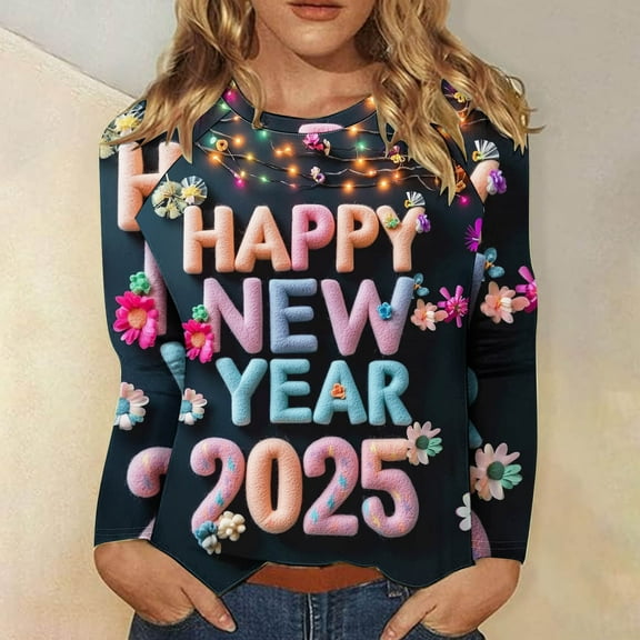 xixinqiwan New Years Eve Outfits Women,Women's Casual Festival Outfits Long Sleeve Round Neck T-Shirt Oversized Celebrate Holiday Tee