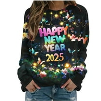 xixinqiwan New Years Eve Outfits Women,Women's Casual Long Sleeve Round Neck 2025 New Year Printed Graphic Plus Size Tops