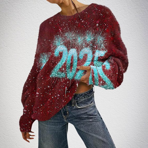 xixinqiwan New Years Eve T Shirt,Christmas Shirts for Women Ladies Warm Double Sided Padded Pullover Festival Graphic Tees