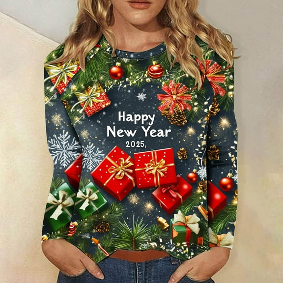 xixinqiwan New Years Eve Tops for Women,Christmas Shirts for Women Ladies 3/4 Sleeve Tops Trendy Crew Neck Festival Graphic Tees
