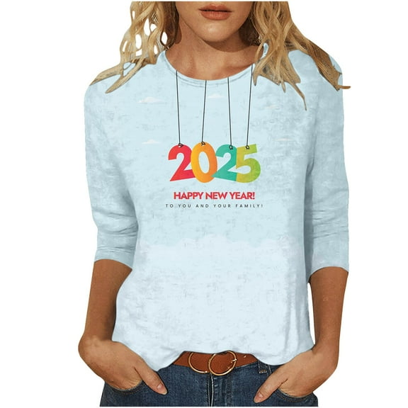 xixinqiwan New Years Eve Tops for Women,Women's Casual Fashion New Year 2025 Printed Raglan Sleeve V-Neck Holidays Outfits Pullover