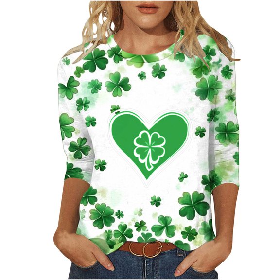 xixinqiwan St. Patricks Day Shirts for Women Plus Size,3/4 Sleeve Crew Neck Green Lucky Cute Shamrock Clover Tees Soft Trendy Comfy Loose T Shirts Tunic Tops
