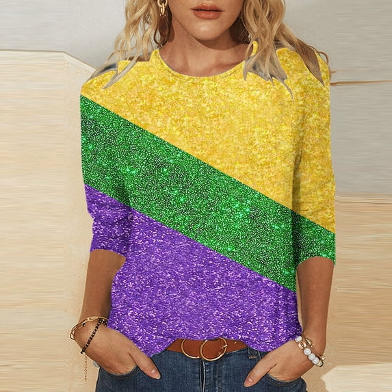 xixinqiwan Winter Saving Clothing,Women's Mardi Gras Mask Printed Shirts Short 3/4 Sleeve Blouse Round Neck Casual Tops