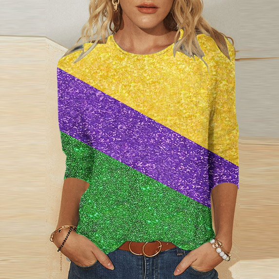 xixinqiwan Winter Saving Clothing,Women's Mardi Gras Mask Printed Shirts Short 3/4 Sleeve Blouse Round Neck Casual Tops