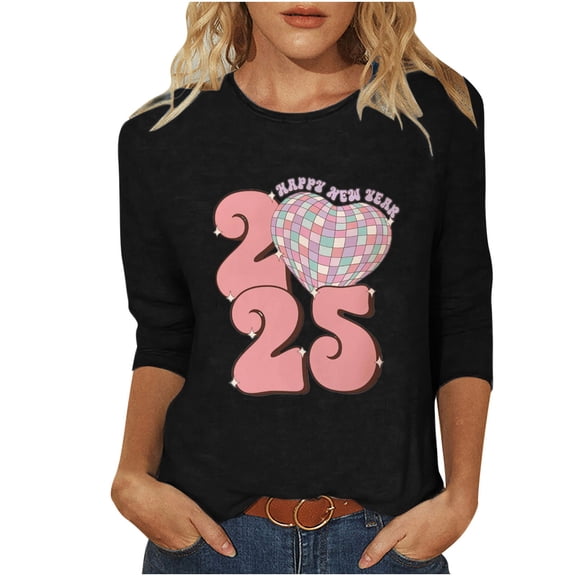 xixinqiwan Women Christmas Shirts,Women's Happy New Year 2025 3/4 Sleeves Blouse Round Neck Casual Tops Holiday Party Outfit