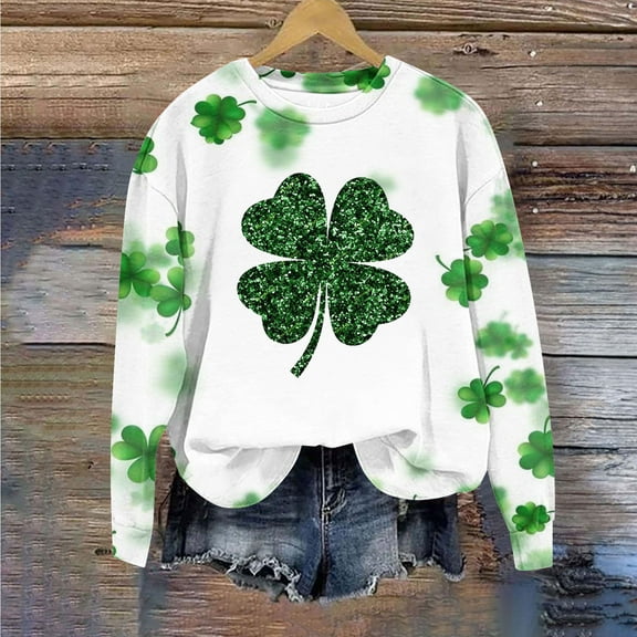 xixinqiwan Women St Patrick's Day Sweatshirt,Women Shamrock Clover Print Shirts Casual Irish Gift Long Sleeve Loose Fit Tops