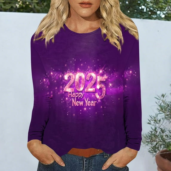 xixinqiwan Women Happy 2025 New Year Shirt,Women's Casual Basic T-Shirts 3/4 Sleeve Round Neck 2025 New Year Fireworks Printed Graphic Plus Size Tops Multicolor