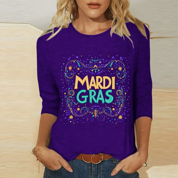 xixinqiwan Women Long Sleeve Shirts,3/4 Sleeve Mardi Gras Masks and Beads Adult T-Shirt for New Orleans Party Carnival