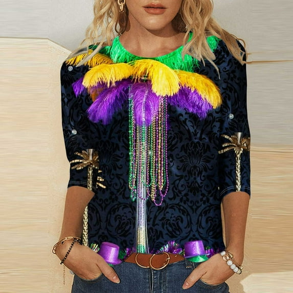 xixinqiwan Women Mardi Gras Clothing,Casual Crew Neck Tunic Blouse Fat Tuesday Tee New Orleans Carnival Party Clothing