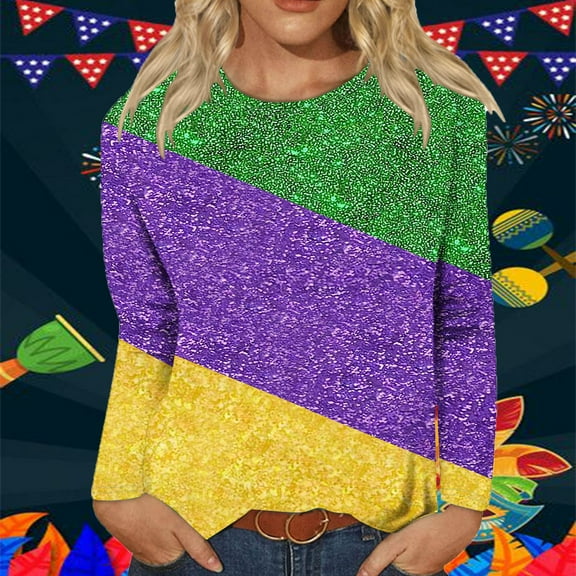 xixinqiwan Women Tops,Womens Long Sleeve Carnival Round Neck Casual Tshirts New Orleans Parade Custume Tops