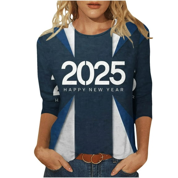 xixinqiwan Women Tops Happy New Year T Shirts,Womens 2025 New Year Sweater Christmas Fireworks Clothes Casual Holiday Party Pullover