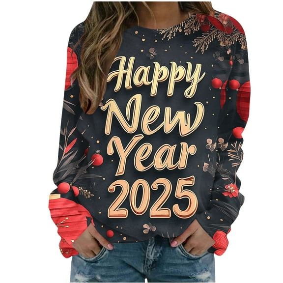xixinqiwan Women Tops Happy New Year T Shirts,Womens Long Sleeve 2025 Printed Shirt Dress Crew Neck Sweatshirt Oversized Holiday Pullover