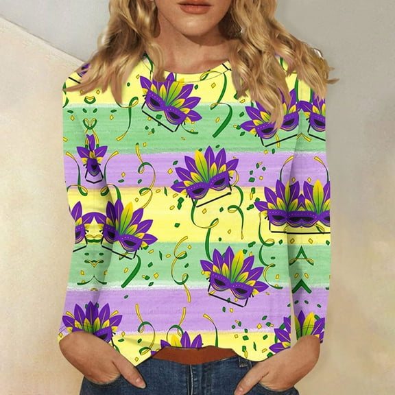 xixinqiwan Women Tops Long Sleeves,Womens Mardi Gras Crew Neck Blouse Fat Tuesday Carnival Custume for New Orleans Party