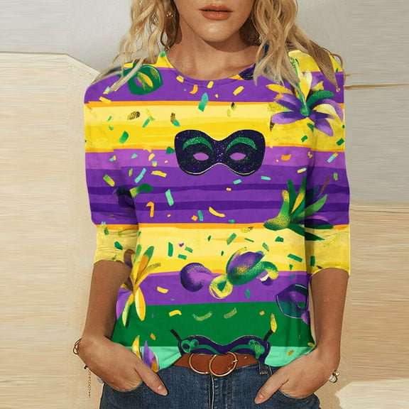 xixinqiwan Women Tops Mardi Gras Mask Beads Shirts,Women Crew Neck Carnival Themed Tshirt Funny Mask Graphic Tee New Orleans Parade Custume Tops