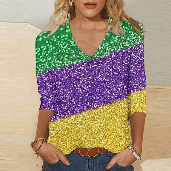 xixinqiwan Women Tops Mardi Gras Mask Beads Shirts,Women Gold Green Purple Printed V Neck Tee Masquerade Party Outfit Costume Accessories Set