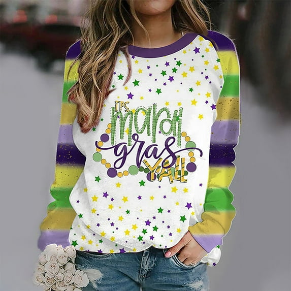 xixinqiwan Women Tops Mardi Gras Mask Beads Shirts,Women's Carnival Parade Street New Orleans T-Shirt Long Sleeve Mask Graphic Funny Tee