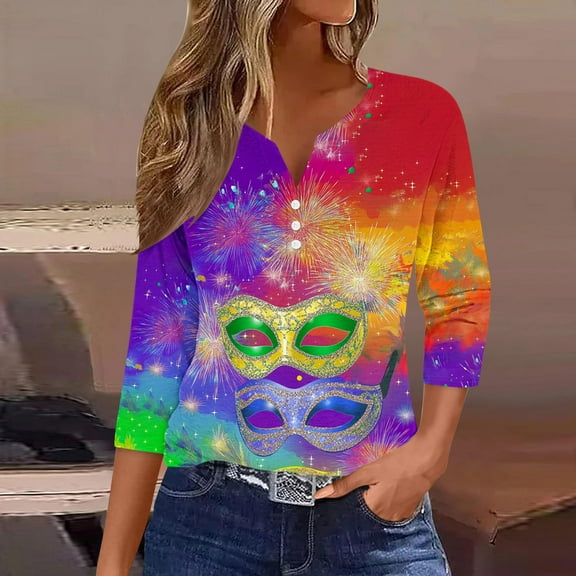 xixinqiwan Women Tops Mask Graphic Print Casual Long Sleeves T Shirt Tops Carnival Party Costume