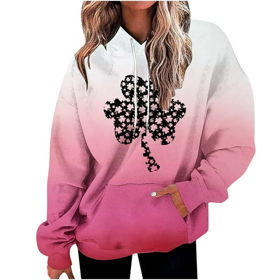 xixinqiwan Women's Plus Size Hoodies for St. Patrick's Day,Women's Four-Leaf Clover Pullover Sweatshirt Hoodie For Paddys Day