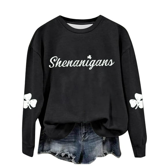 xixinqiwan Women's St. Patrick's Day Hooded Sweatshirts,Women’s Shamrock Crew Neck Casual Tunic Tops Pullover Loose Comfy Sweatshirts Black L