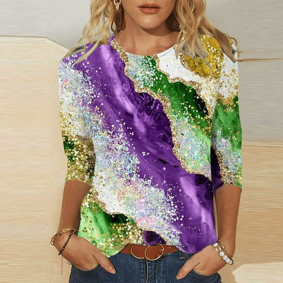 xixinqiwan Women's Tops 3/4 Sleeve Crew Neck Tops Tunic Gold Green Purple Masquerade Party Outfit
