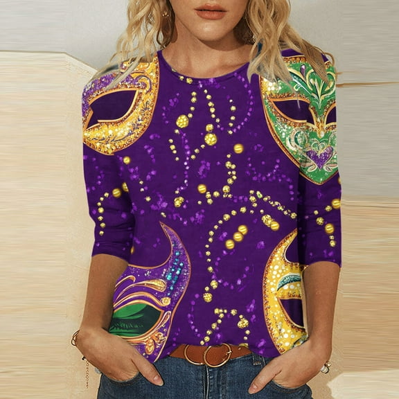 xixinqiwan Women's Tops Womens Mardi Gras Crew Neck Blouse Fat Tuesday Carnival Custume for New Orleans Party
