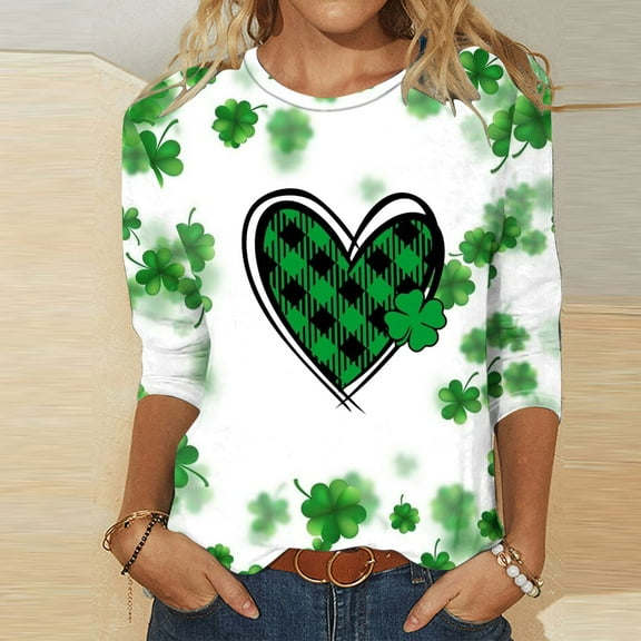 xixinqiwan Womens Lucky Shamrocks Shirt,Womens Round Neck Irish Lucky Shamrock Paddy's Day Graphic Tee Tops Causal Seven Sleeve Tops