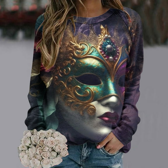 xixinqiwan Womens Mardi Gras Long Sleeve Shirt,Long Sleeve Mardi Gras Fancy Blouse Carnival Costume Mask Print Tunic Theme Party Crew Neck Shirts