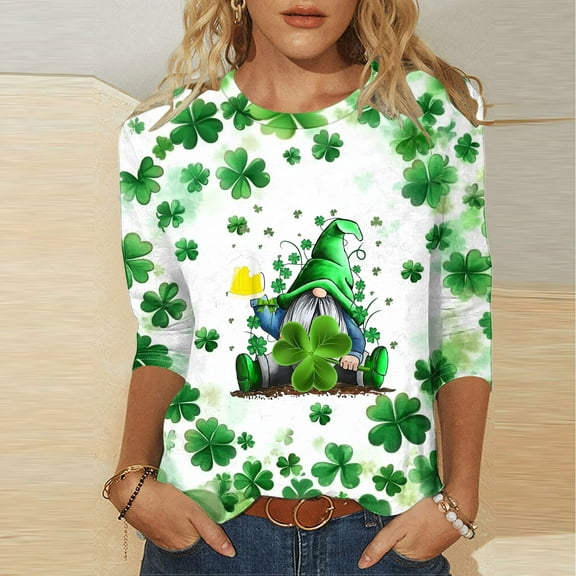 xixinqiwan Womens Plus Size Shamrocks Graphic Tees,Women's 3/4 Sleeve Crew Neck Irish Shamrock Print T-shirt Green Tops for Gift
