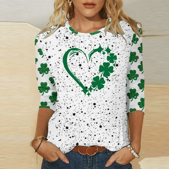 xixinqiwan Womens St Pats Funny Long Sleeve T Shirts,Women's 3/4 Sleeve Crew Neck Irish Shamrock Print T-shirt Green Tops for Gift
