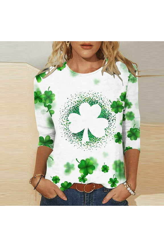 Womens St Pats Funny T Shirts 3/4 Sleeves,Women Lucky Irish Shamrock Paddy's Day Clothes Women's Leprechaun Costume Clover T-Shirts