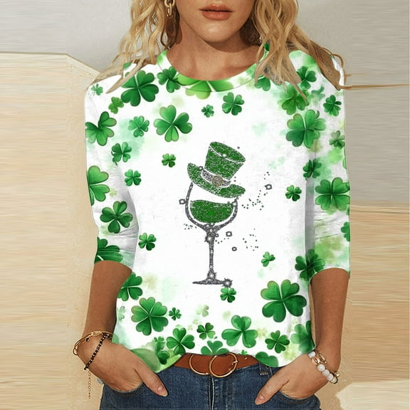 xixinqiwan Womens St Pats Funny T Shirts,Women Lucky Four-Leaf Clover Graphic Shamrock Slainte Tshirt Carnival Seven Sleeve Tee Tops