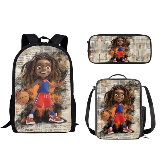 xixirimido African 17 inch Backpack Black Boy Basketball School Bookbag Lunch Box Pencil Bag 3 in 1 Stationery Supplies