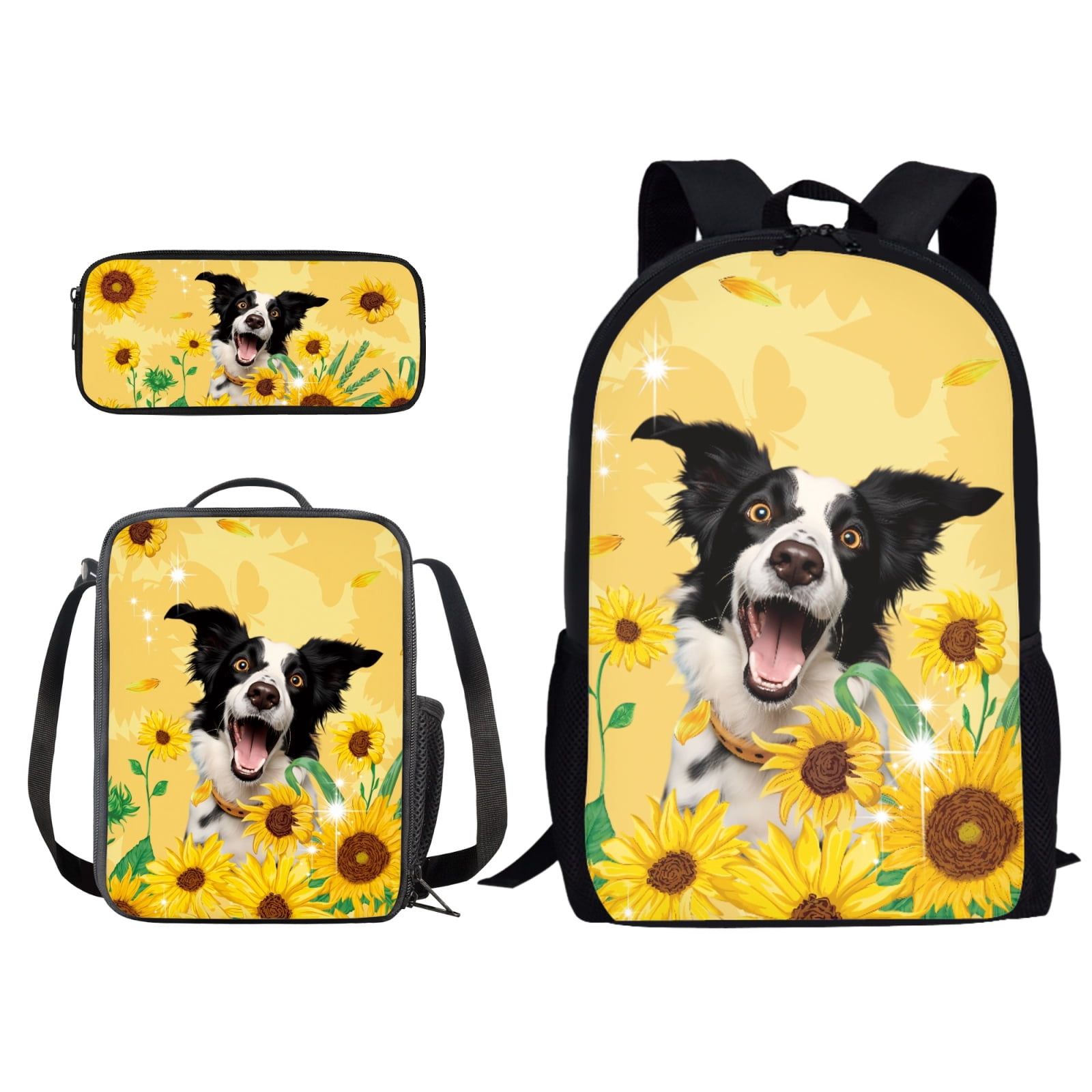 xixirimido Border Collie Sunflower Print 3D Backpack and Lunch Bag