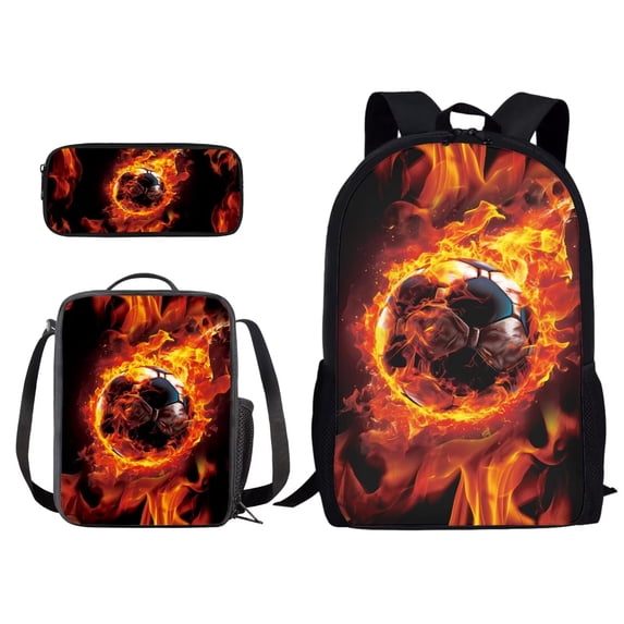 xixirimido Soccer with Fire Pattern Kids Backpack Set for Boys Girls School Bookbag Lunch Bag Pencil Bag 3 in 1 Set Hiking Travel Daypack
