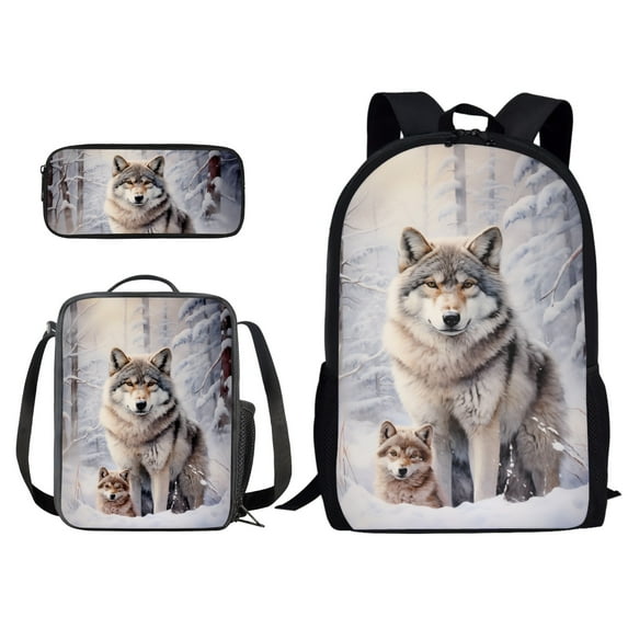 xixirimido Wolves Snow Forest Pattern 3D Backpack and Lunch Bag Set for Elementary Kids School Bag Junior Children Teens Bookbag Lightweight Schoolbag Bag Pack 3 in 1