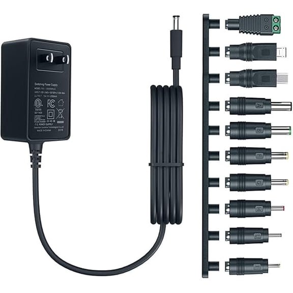 xixishop 12V 2A Power Supply AC Adapter with 10 Tips, ETL Certified Regulated 12 Volt Replacement Charger Cord for LED Strip Light, CCTV Camera, BT Speaker, Webcam, Router (6ft)