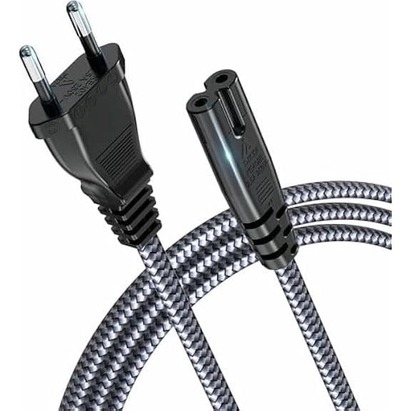 xixishop European Power Cord, EU 2- Slot Power Cable Europlug (IEC-320-C7 to CEE 7/16) Nylon Braided Figure 8 Power Cable with VDE for European Travel Work on TV, PS3/PS4/PS5,One S/X, Laptop -10ft