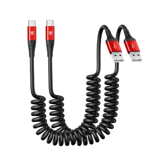xixishop USB to USB C Cable Fast Charging 3ft, 2Pack Coiled USB C Charger Cable for Car, USB Type C Charger Cord, USB-C Cable Compatible with iPhone 17/16/15/Plus/Pro Max/Samsung Galaxy S20-Red