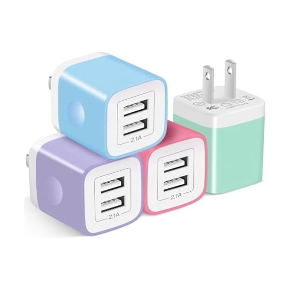 xixishop USB Wall Charger, 4-Pack 2.1A Dual Port USB Cube Power Adapter Charger Plug Charging Block Box Brick Cube Compatible with Phone 13 12 11 XS XR X 8 7 6 Plus 5S SE, Pad, Samsung, LG, Android