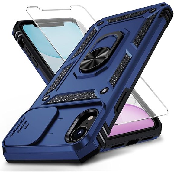 xixishop for iPhone XR Case with Camera Lens Cover, HD Screen Protector, 10 FT Military Grade Drop Protection, Magnetic Ring Holder Kickstand Protective Phone Case, Navy Blue