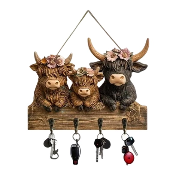 xiziHUAN9C Highland Cow Key Holder Wall Mount, Personalized Animal Wooden Towel Key Hooks, Wall Coat Hanger with 4 Hooks, Decorative Coat Rack for Entryway Hallway Bathroom,Pink