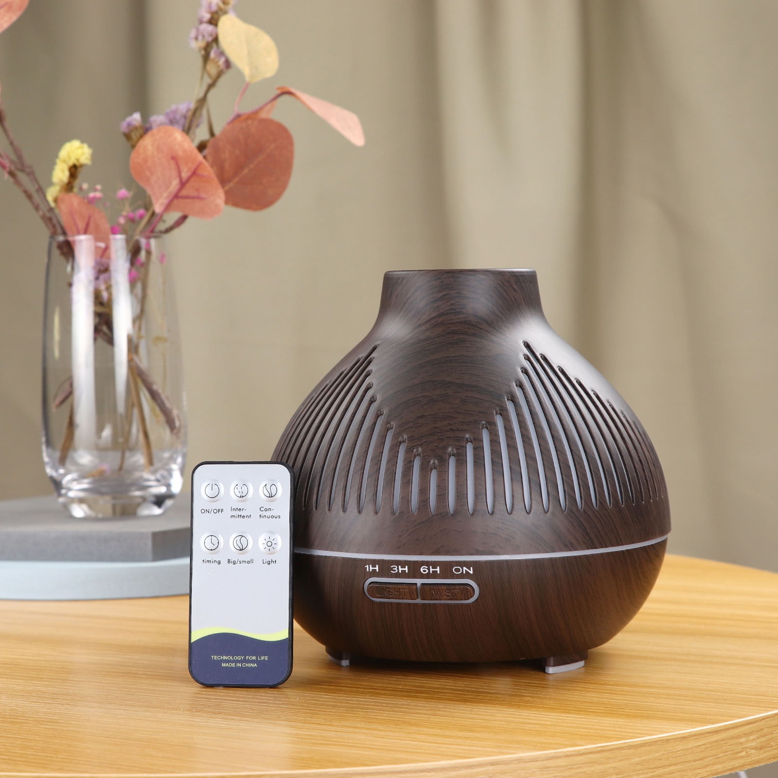 xjwjuw 400ml Wood Grain Hollow Aroma Diffuser Humidifier, Remote Control, 3-in-1 Function (Humidification, Aromatherapy, Purification), for Home, Desktop, Neutralizes Static & Reduces Infections