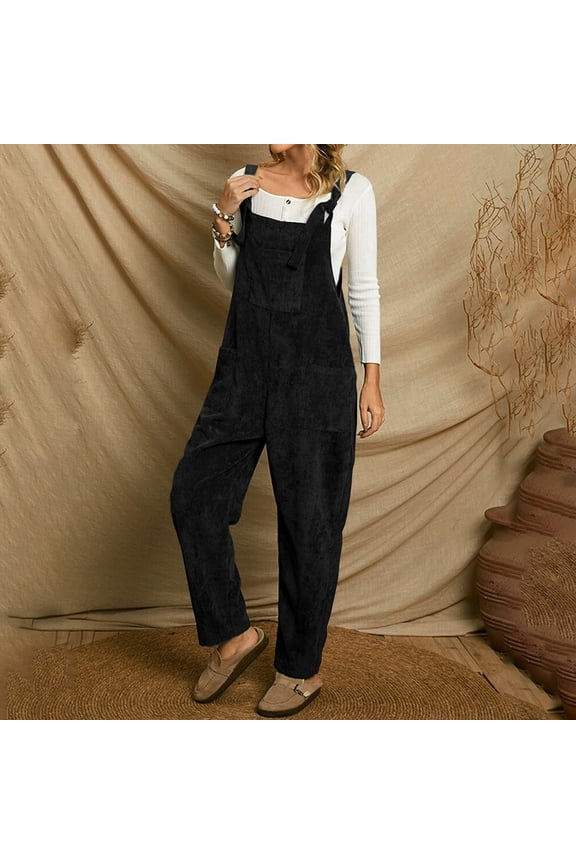 Corduroy Overalls for Women Solid Color Sleeveless Straps Bib Jumpsuit Trouser Spring Summer Romper Pants Loose Comfy Jumpsuits with Pockets