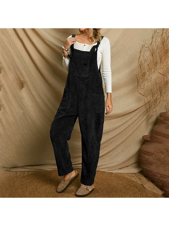 Corduroy Overalls for Women Solid Color Sleeveless Straps Bib Jumpsuit Trouser Spring Summer Romper Pants Loose Comfy Jumpsuits with Pockets