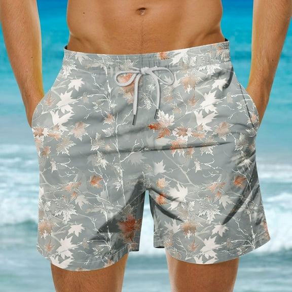 xjwjuw Men's Fashion Casual Hawaiian Leaf Print Shorts, Summer Beach Shorts, Stylish Printed Swim Trunks, Lightweight Quick-Dry
