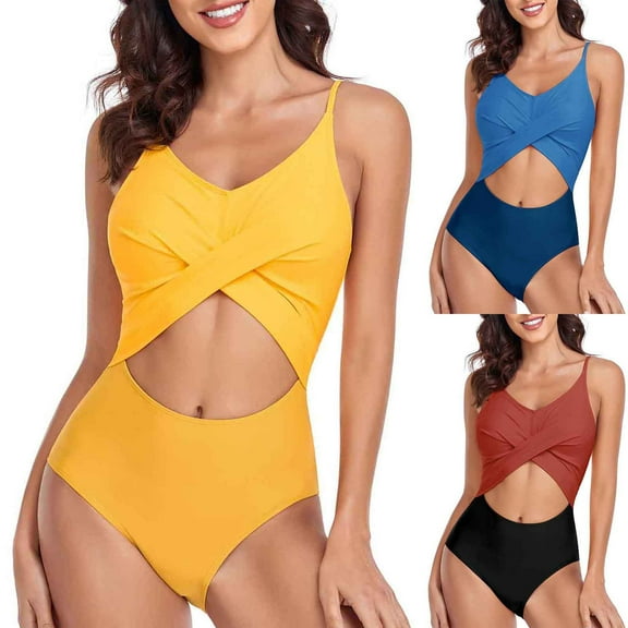 xjwjuw Women's Fashion Sexy Colorblock Cut-Out Belly One-Piece Swimsuit, Stylish and Trendy Swimwear for Beach and Pool